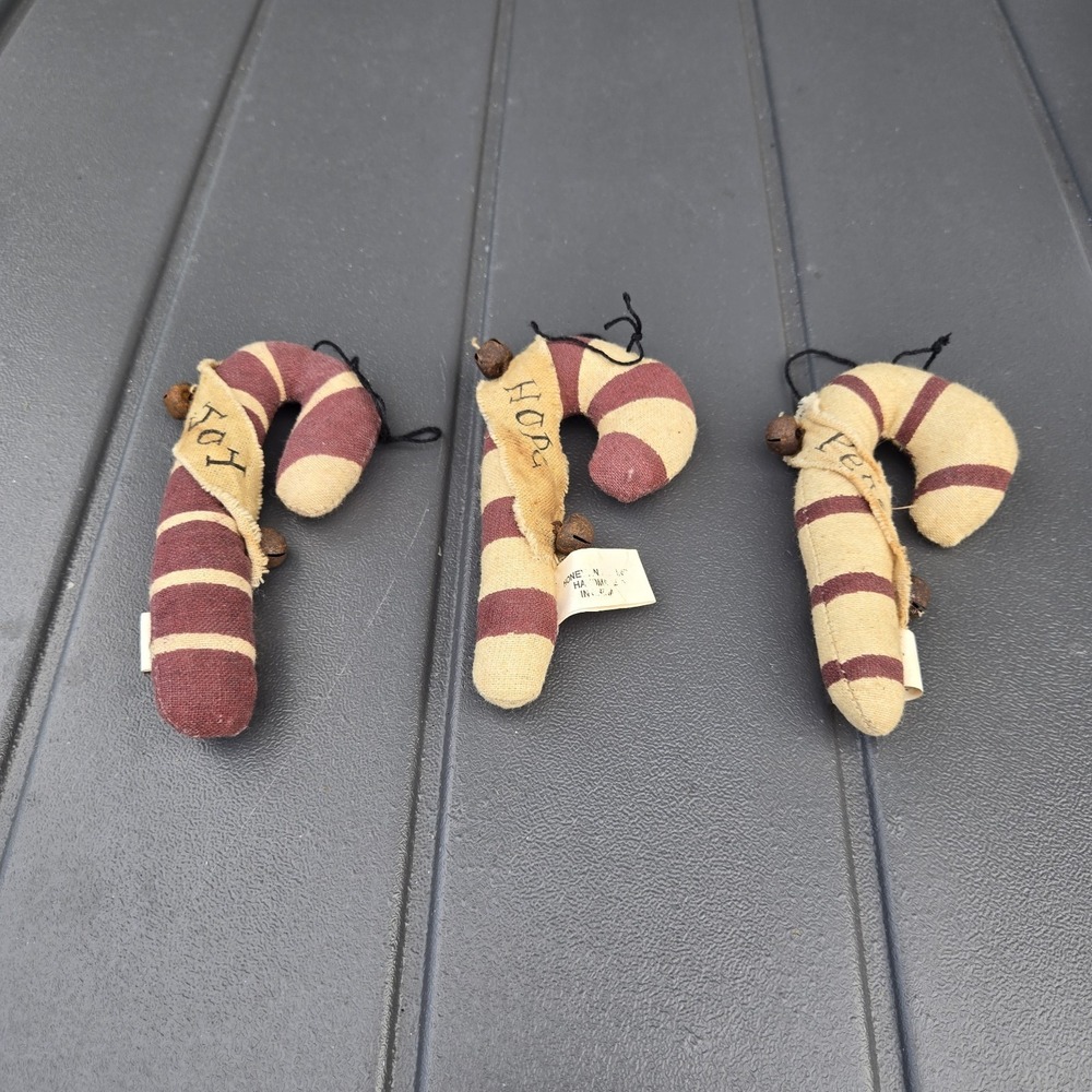 Honey And Me Primitive Stuffed Candy Cane Ornament.  Lot Of 3: Joy, Hope, Peace